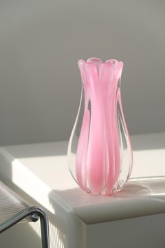 Vintage Murano 1960s Italian Bubble Gum Pink Alabastro Opal Ribbed Vase