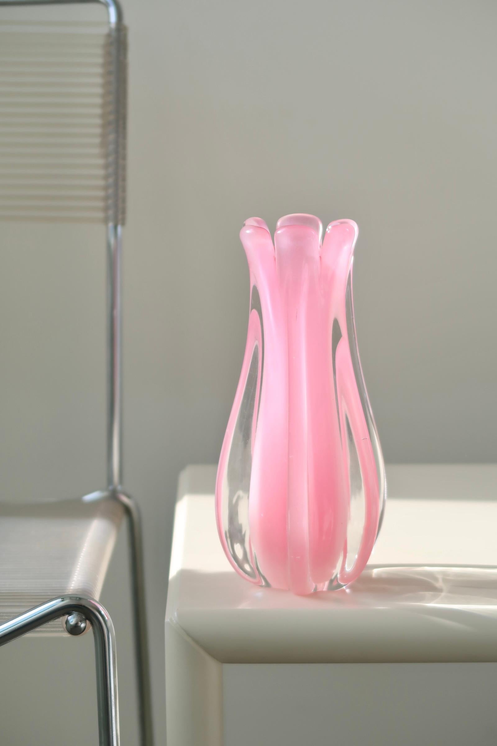 Murano Glass Vintage Murano 1960s Italian Bubble Gum Pink Alabastro Opal Ribbed Vase