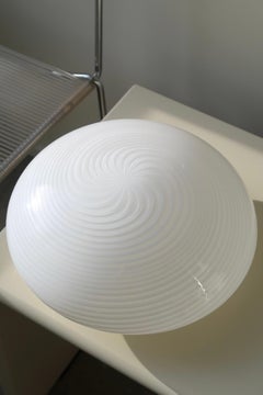 Vintage Murano 70s Flush Mount Plafond Wall Ceiling Lamp in White Swirl Glass