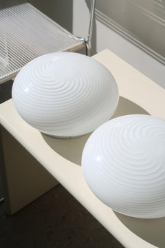 Vintage Murano 70s Flush Mount Plafond Wall Ceiling Lamp in White Swirl Glass