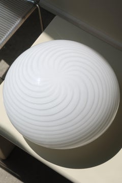 Vintage Murano 70s Flush Mount Wall Ceiling Lamp Italian White Swirl Glass