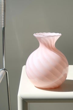 Vintage Murano 1970s Pink Rosa Swirl Glass Vase Mouth Blown