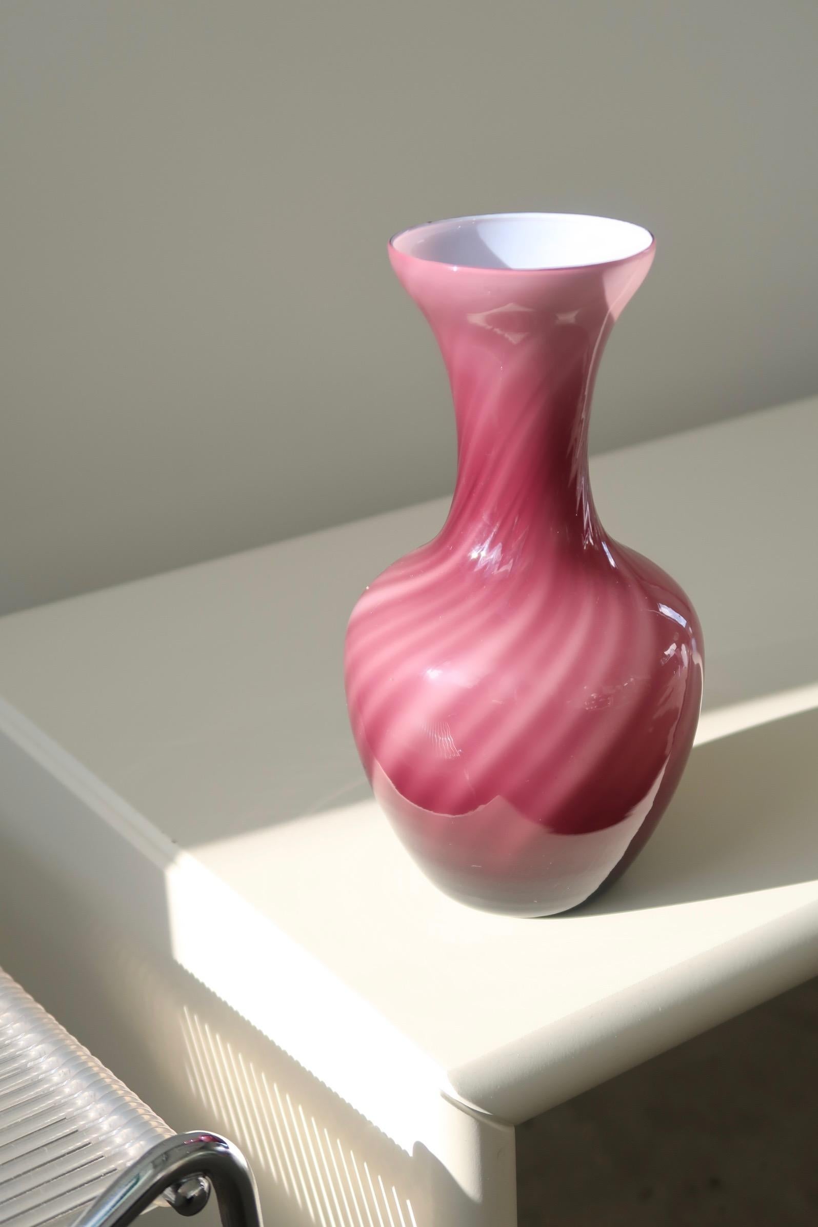 Late 20th Century Vintage Murano 70s Swirl Glass Vase Red Burgundy Purple