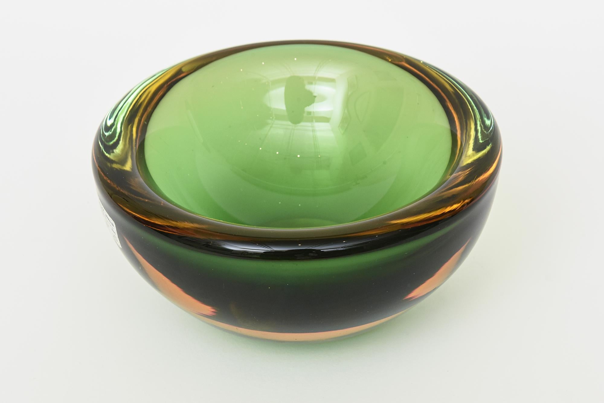 Late 20th Century Vintage Murano Alessandro Mandruzzato Sommerso Glass Geode Bowl Green, Amber  For Sale