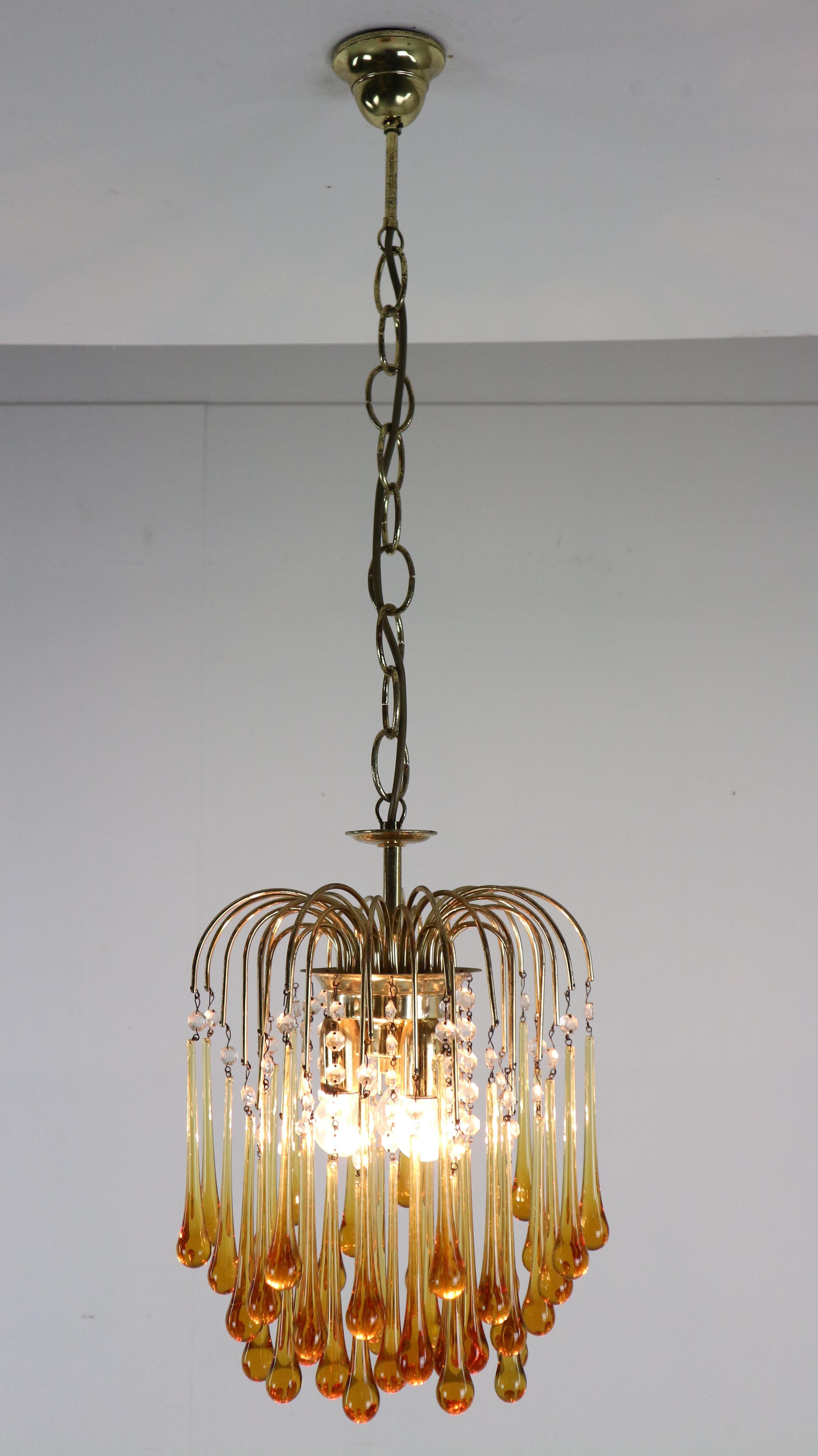 Brass Vintage Murano Amber Glass Tear Drop Chandelier by Paolo Vanini, 1960 Italy