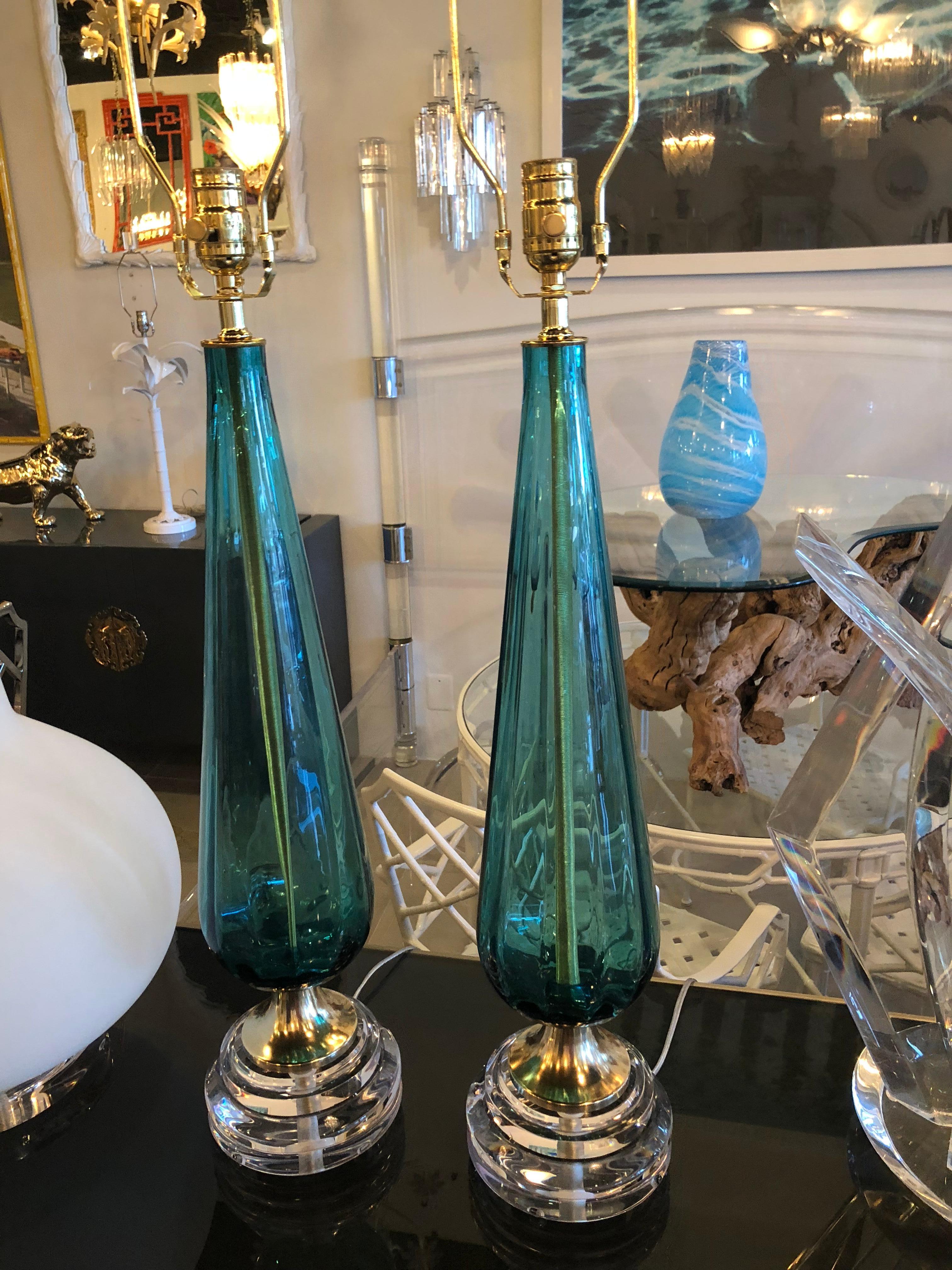 Vintage Murano Aqua Blue Glass Brass Lucite Table Lamp a Pair 2