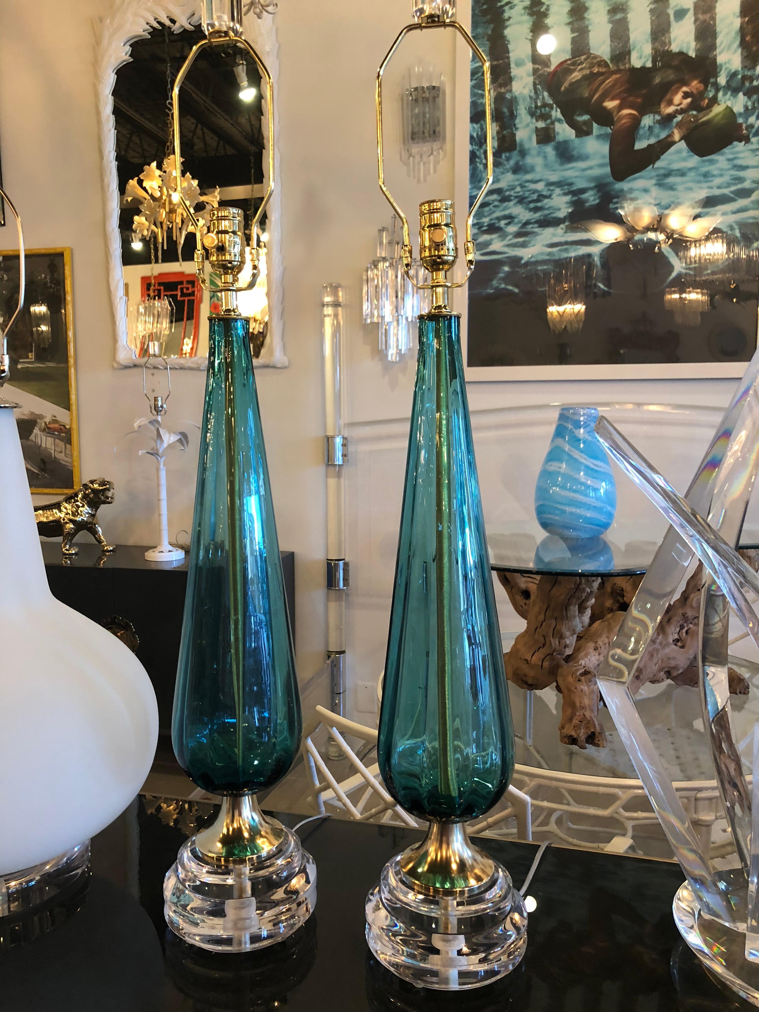 Vintage Murano Aqua Blue Glass Brass Lucite Table Lamp a Pair 3