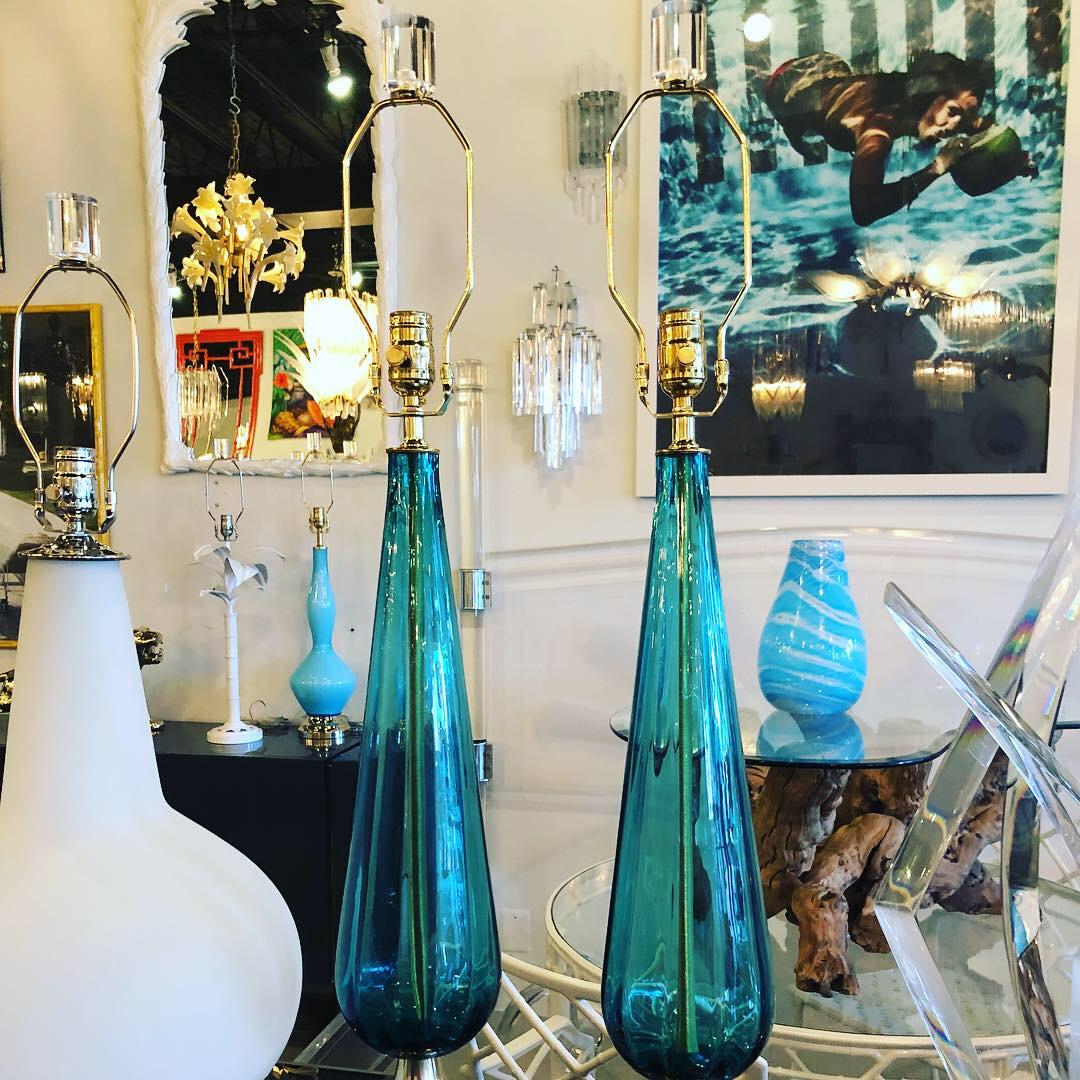 Vintage Murano Aqua Blue Glass Brass Lucite Table Lamp a Pair 5
