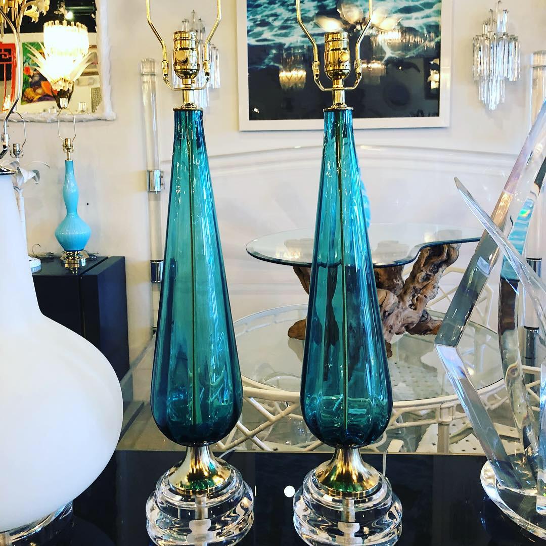 Vintage Murano Aqua Blue Glass Brass Lucite Table Lamp a Pair 6