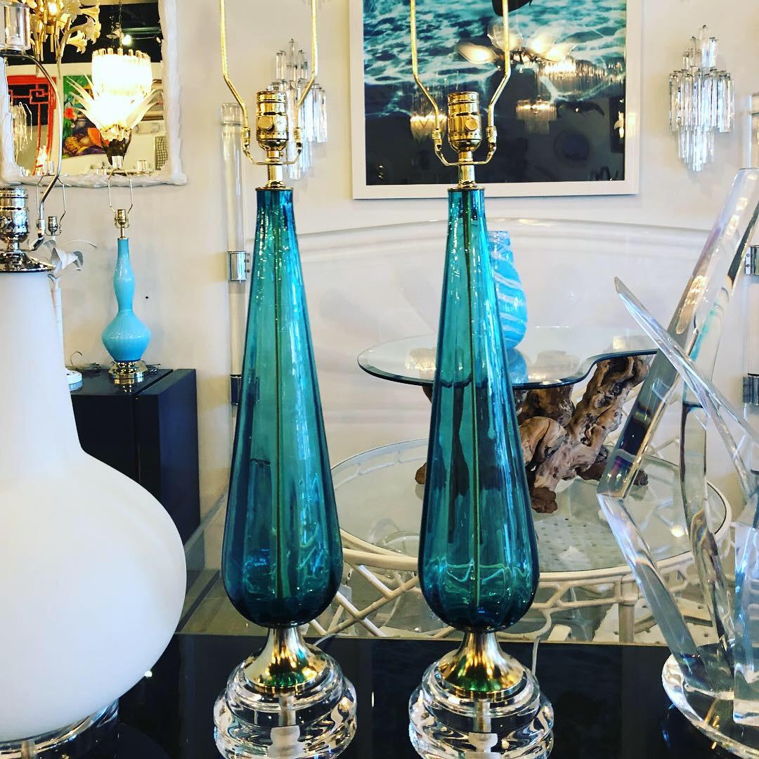 Vintage Murano Aqua Blue Glass Brass Lucite Table Lamp a Pair 7