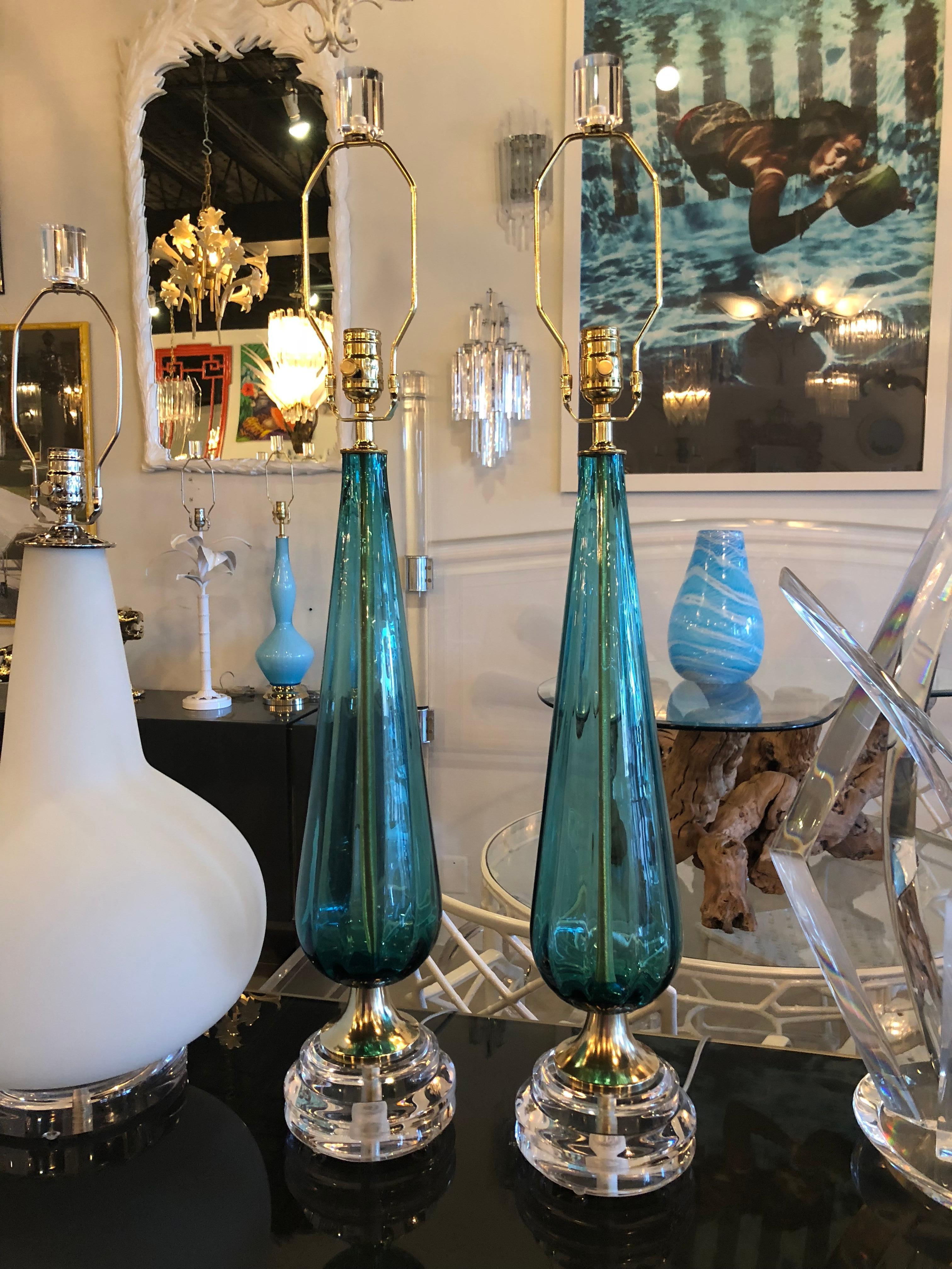 Hollywood Regency Vintage Murano Aqua Blue Glass Brass Lucite Table Lamp a Pair