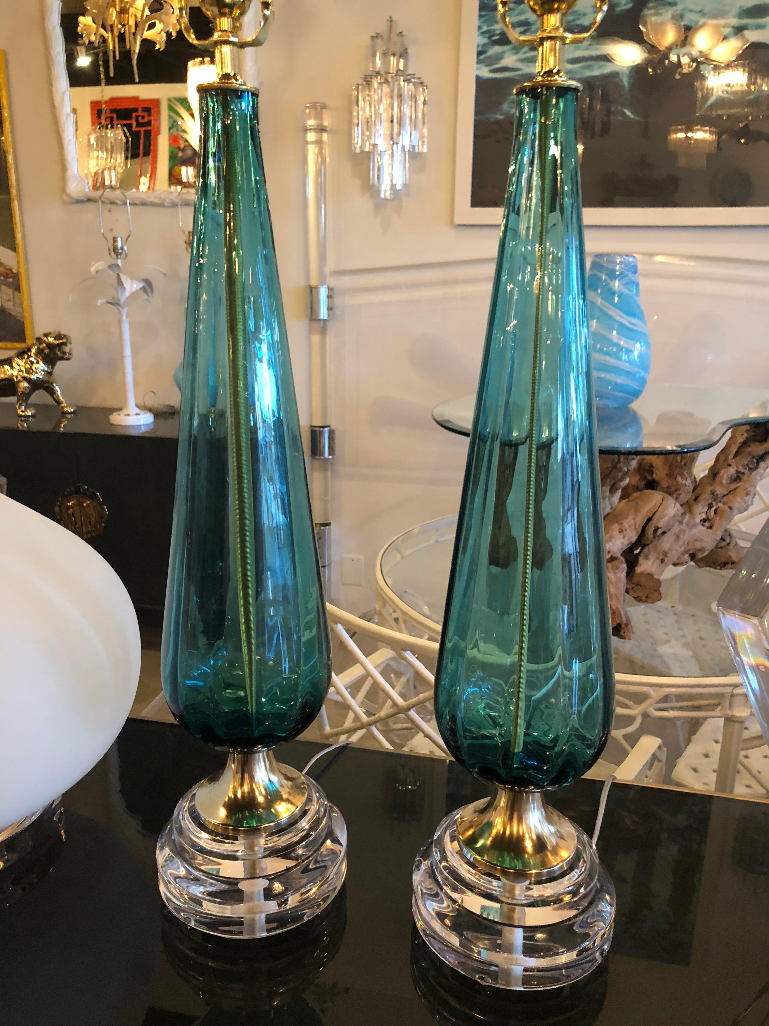 Italian Vintage Murano Aqua Blue Glass Brass Lucite Table Lamp a Pair