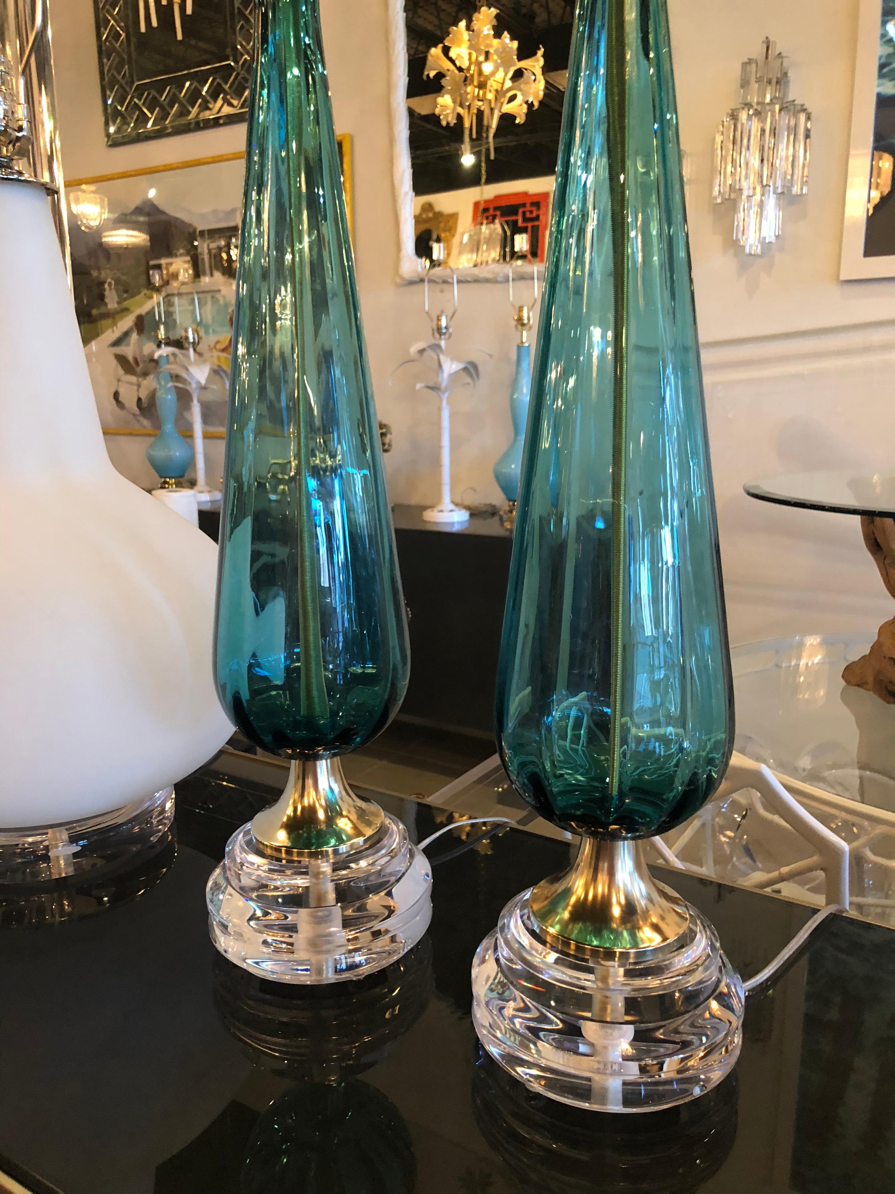 Mid-20th Century Vintage Murano Aqua Blue Glass Brass Lucite Table Lamp a Pair