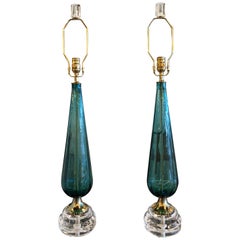 Vintage Murano Aqua Blue Glass Brass Lucite Table Lamp a Pair