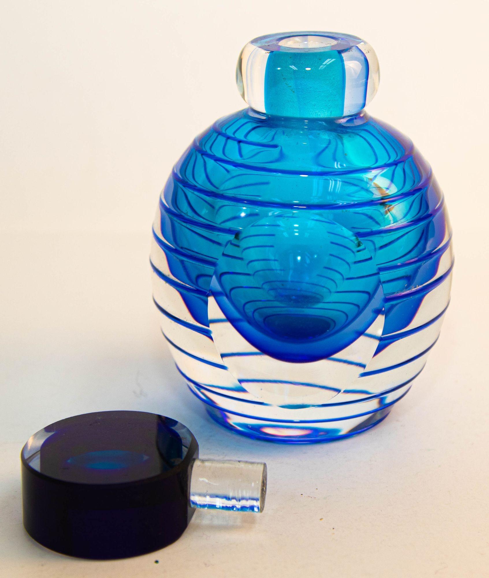Art Deco Vintage Murano Art Glass Blue Jewel Tone Sommerso Style Perfume Bottle
