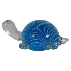 Vintage Murano Art Glass Blue & White Swirl Turtle Figurine Paperweight 