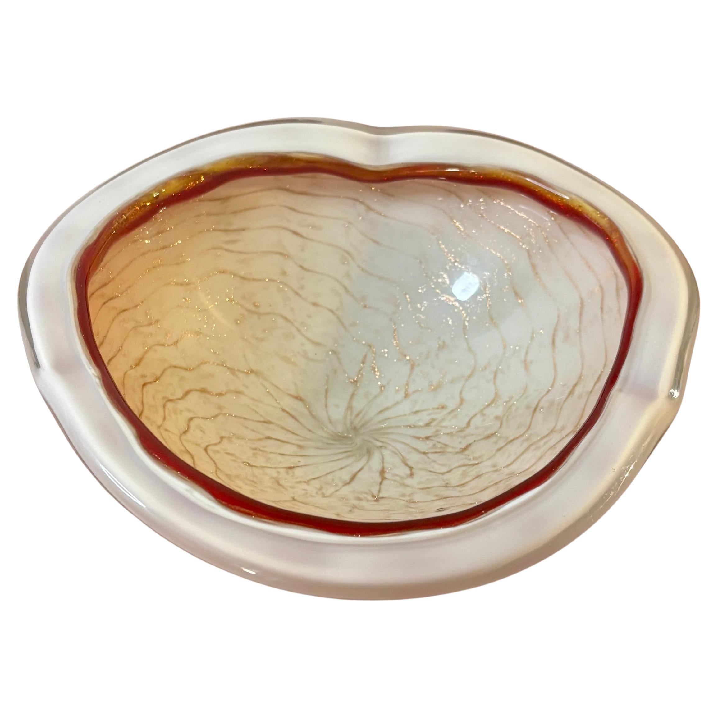 Vintage Murano Art Glass Bowl, Gold Flake White Cased Italian Centerpiece