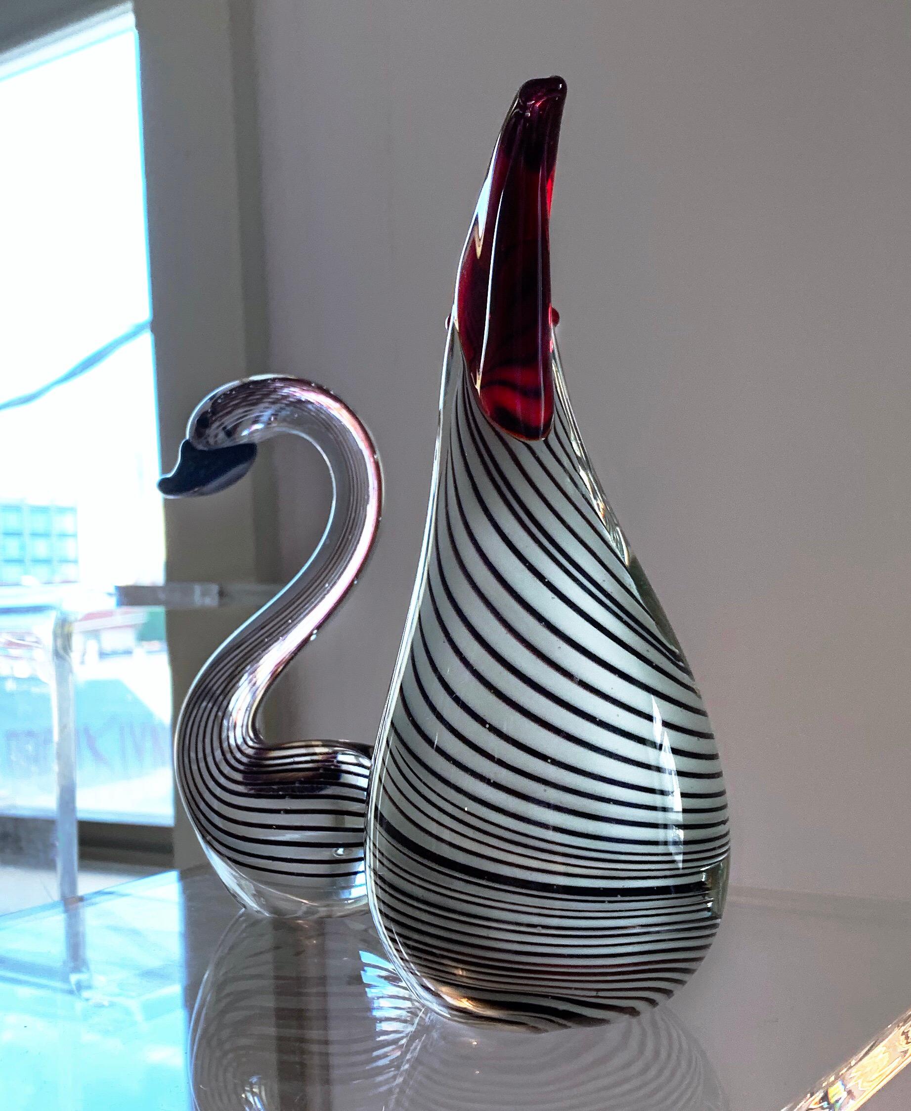 Gorgeous vintage Murano Art Glass Dino Martens Swan and Seagull midcentury pair with trademark black on white striped central mass with specs of color, yellow and red. Gorgeous sculptural pair.
