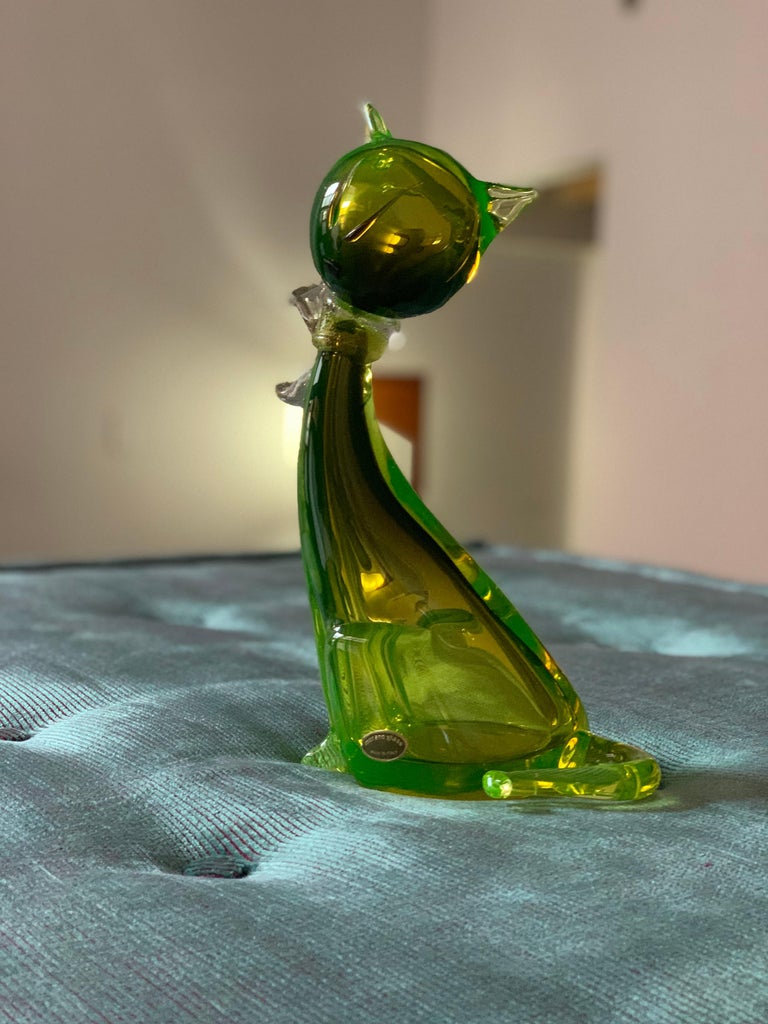 Vintage Murano Art Glass Modern Cat Sculpture in Green by Alfredo
