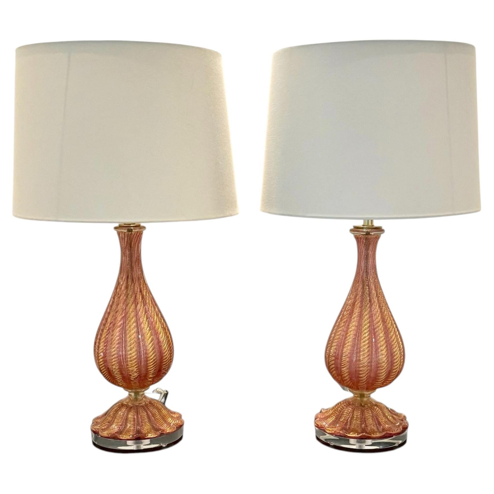 Vintage Murano Barovier and Toso Cranberry and Gold table lamps – a pair