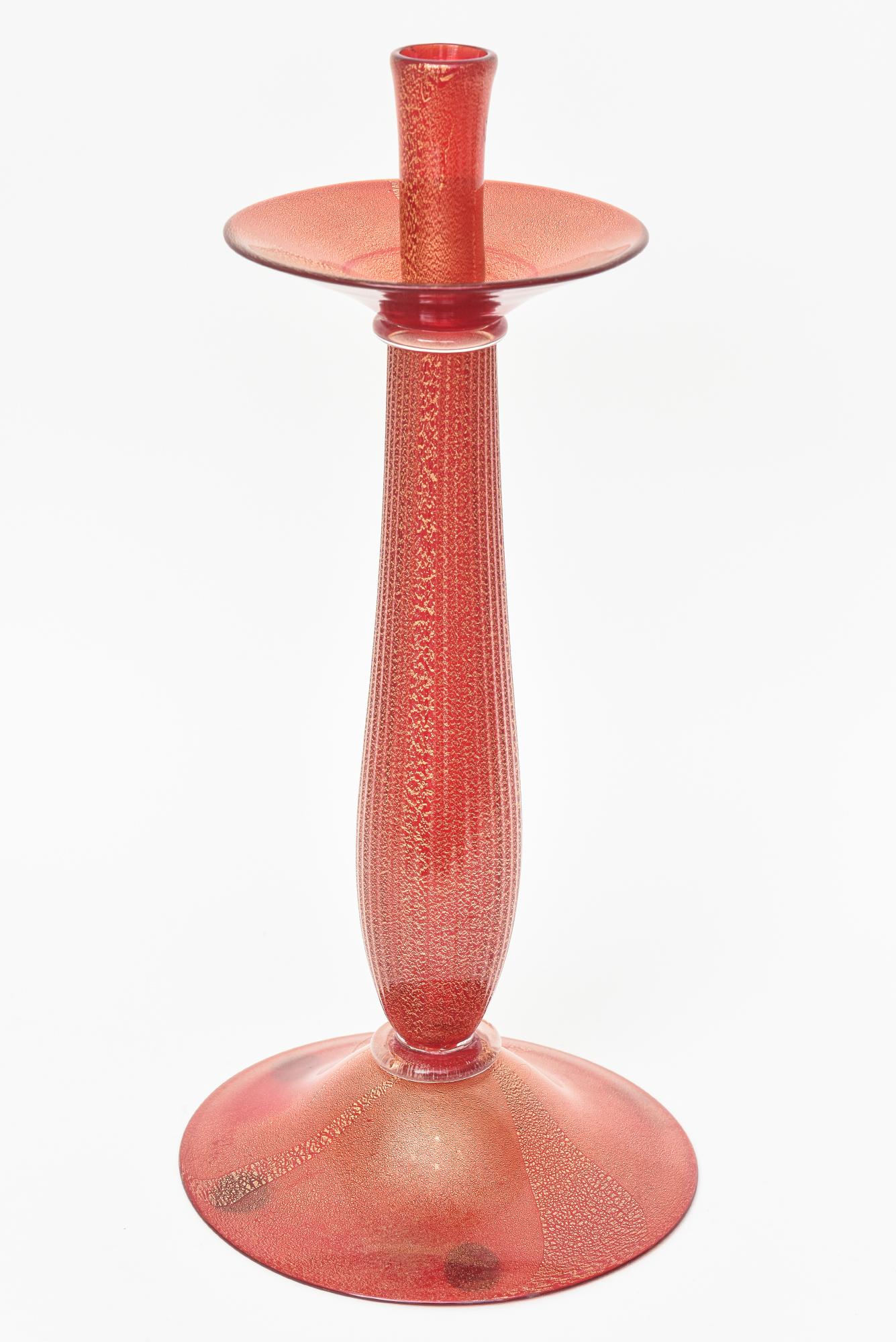 Mid-20th Century Vintage Murano Barovier e Toso Red Tall Glass Candlestick with Gold Aventurine For Sale