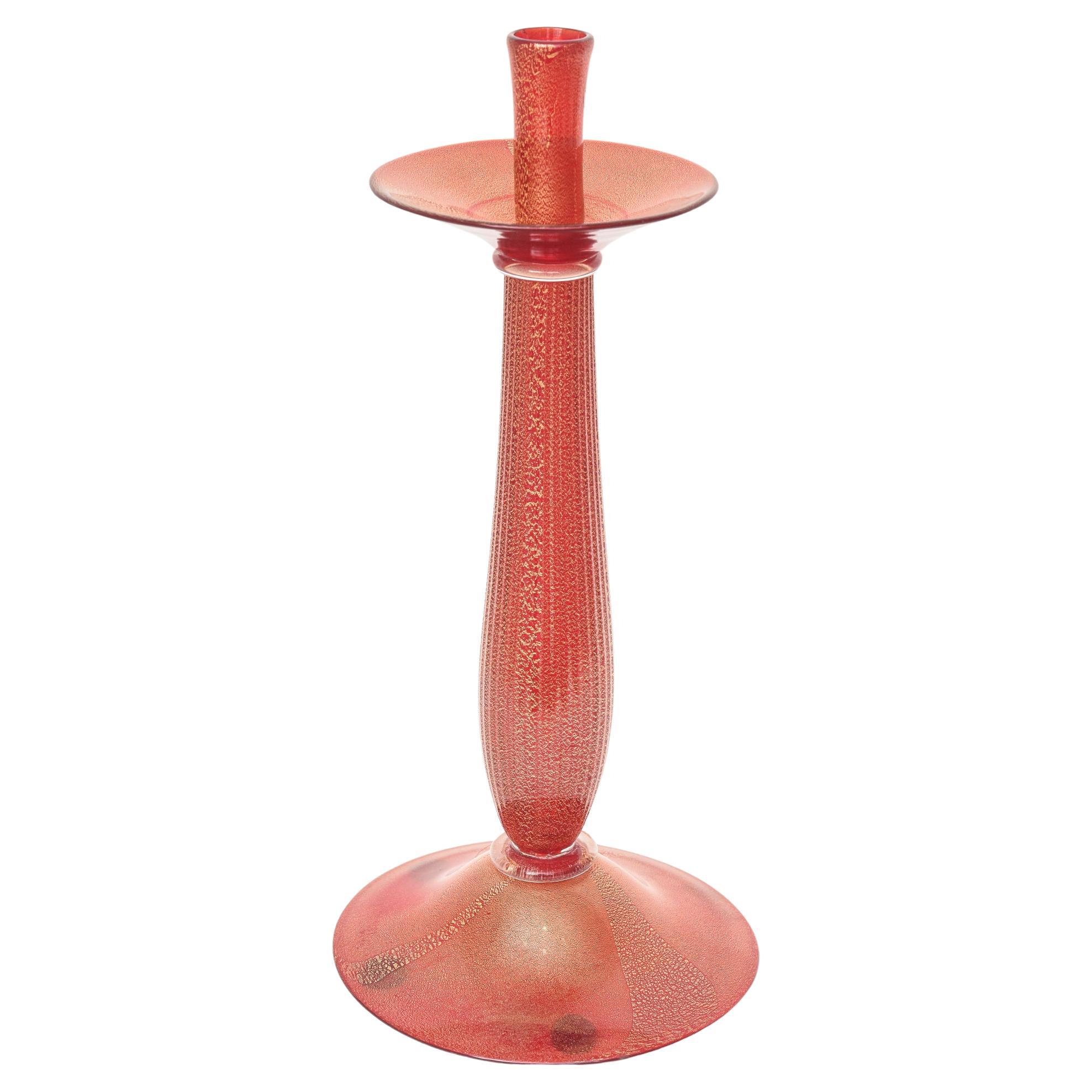 Vintage Murano Barovier e Toso Red Tall Glass Candlestick with Gold Aventurine For Sale