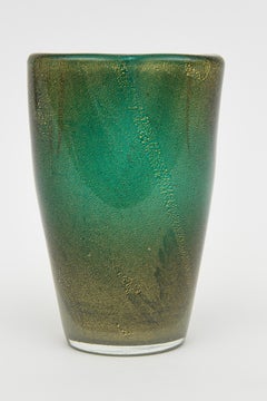 Vintage Murano Barovier et Toso Sea Green Emerald and Gold Aventurine Glass Vase