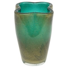 Vase vintage en verre de Murano Barovier et Toso vert de mer, émeraude et aventurine dorée