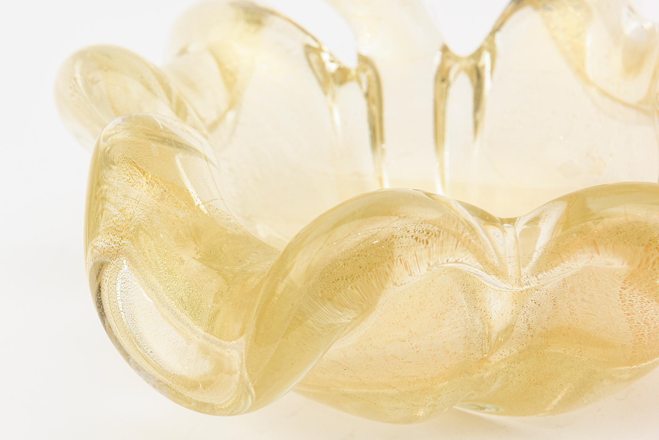 Vintage Murano Barovier Gold Aventurin Glas Schale Klee, Blume Form mit Stem im Angebot 2