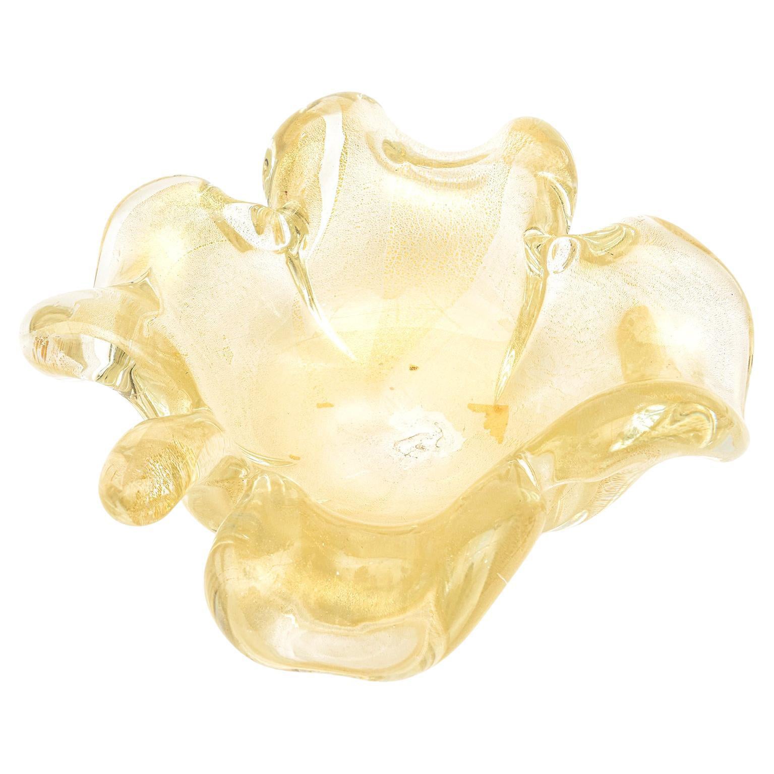 Vintage Murano Barovier Verre Aventurine Or Coupe Trèfle, Forme Fleur avec Stem