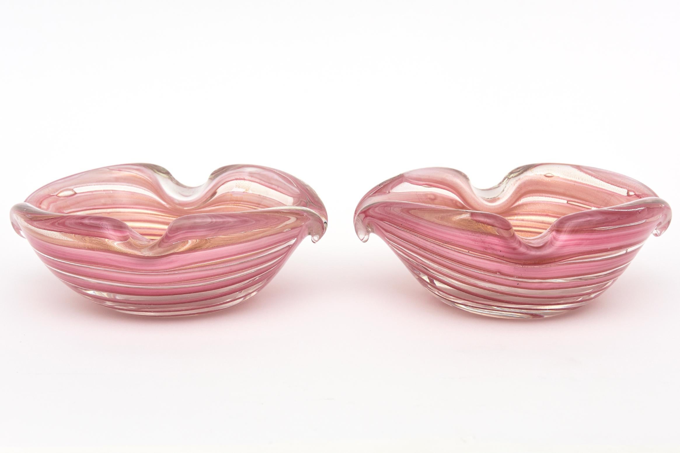 Vintage Murano Barovier e Toso Pink Striped with Gold Flecks Glass Bowls Pair Of 3