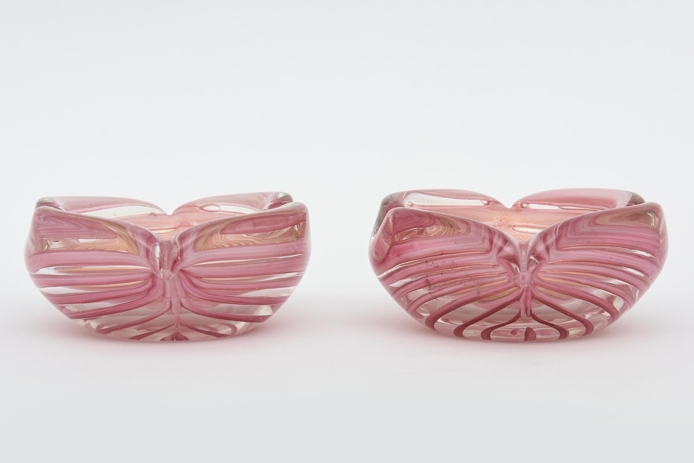 Vintage Murano Barovier e Toso Pink Striped with Gold Flecks Glass Bowls Pair Of 4