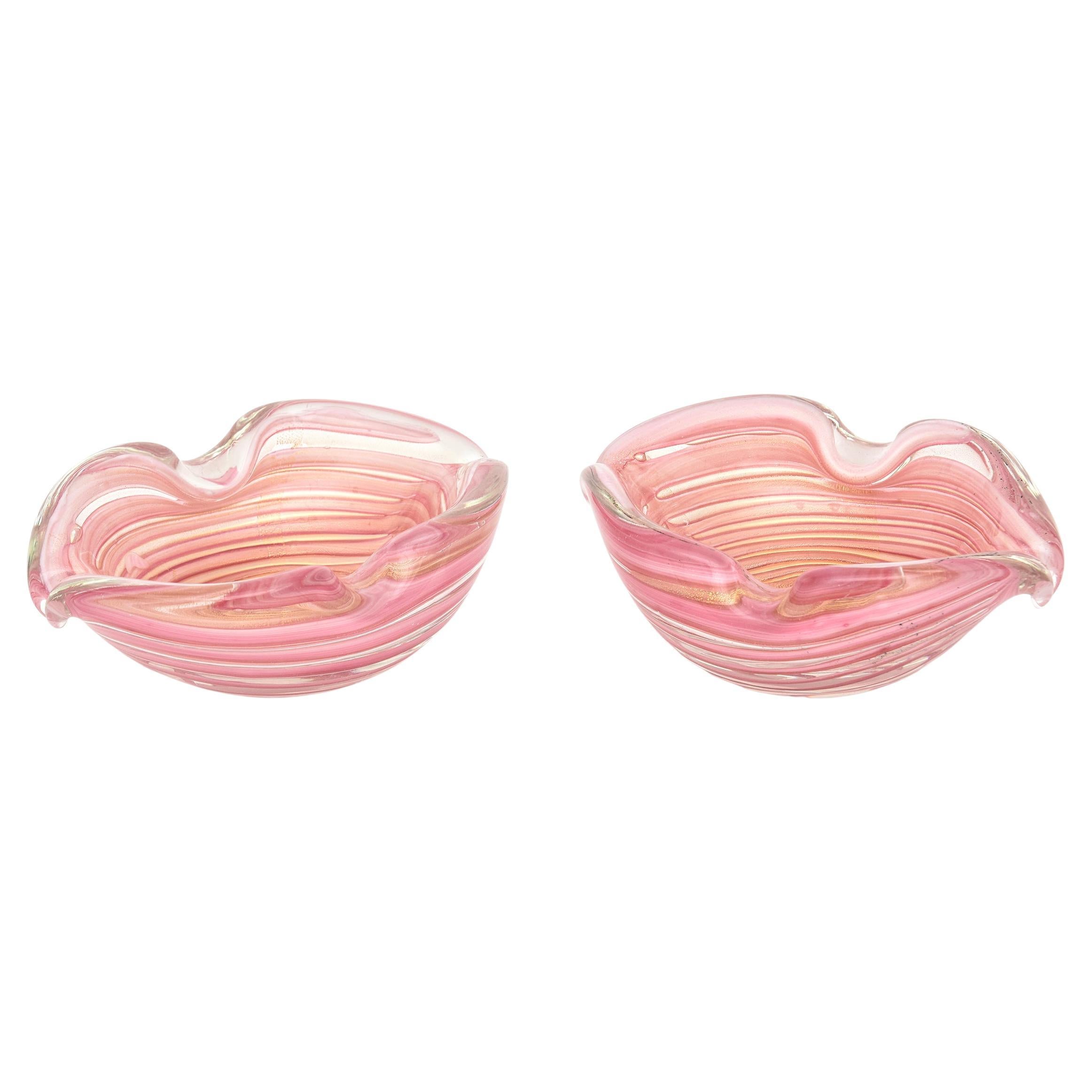 Vintage Murano Barovier e Toso Pink Striped with Gold Flecks Glass Bowls Pair Of