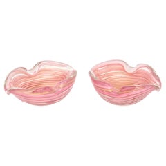 Vintage Murano Barovier e Toso Pink Striped with Gold Flecks Glass Bowls Pair Of