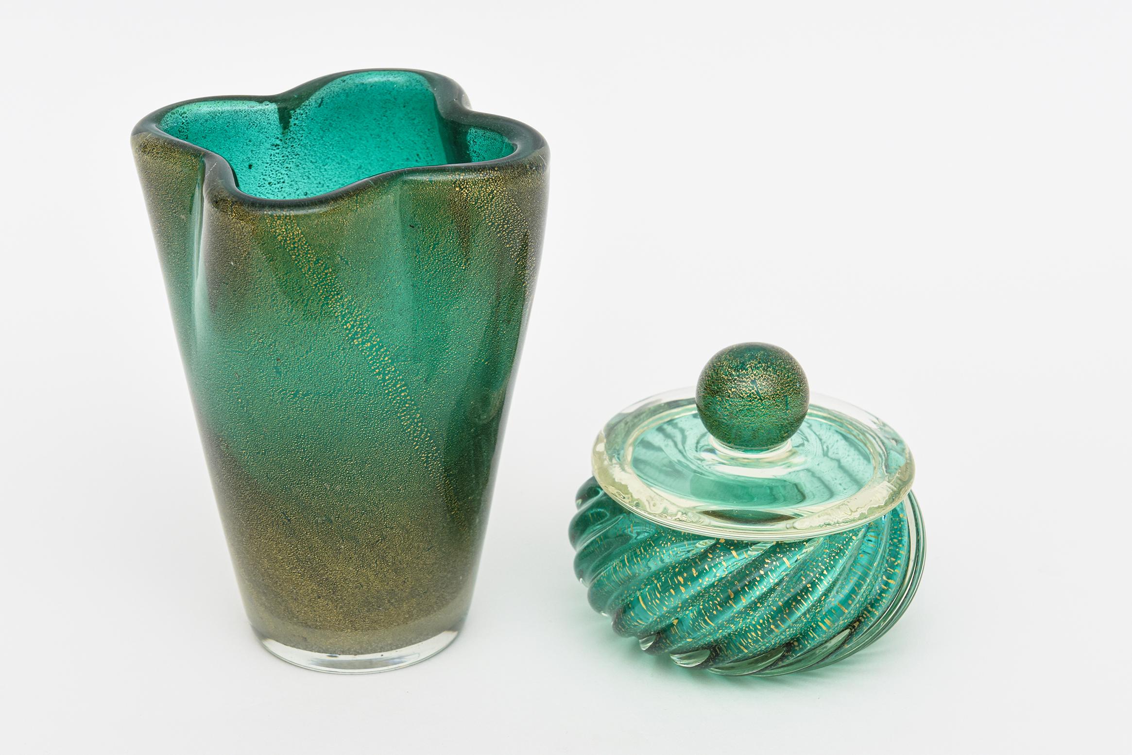 Vintage Murano Barovier &Toso Sea Green Blue Emerald Green Gold Round Glass Box  6