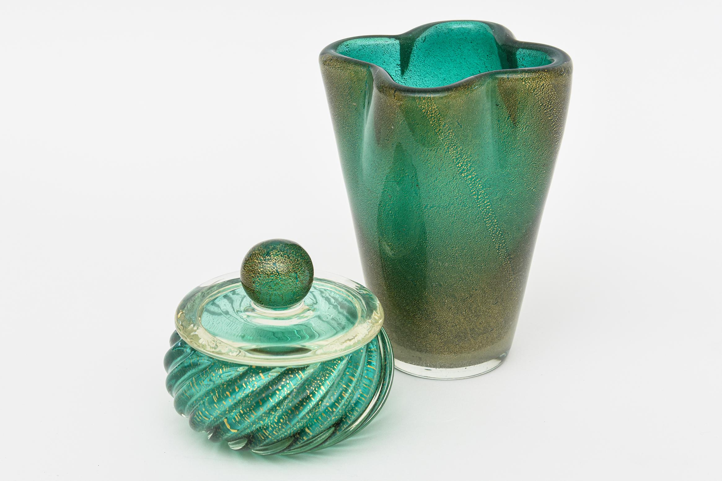Vintage Murano Barovier &Toso Sea Green Blue Emerald Green Gold Round Glass Box  7