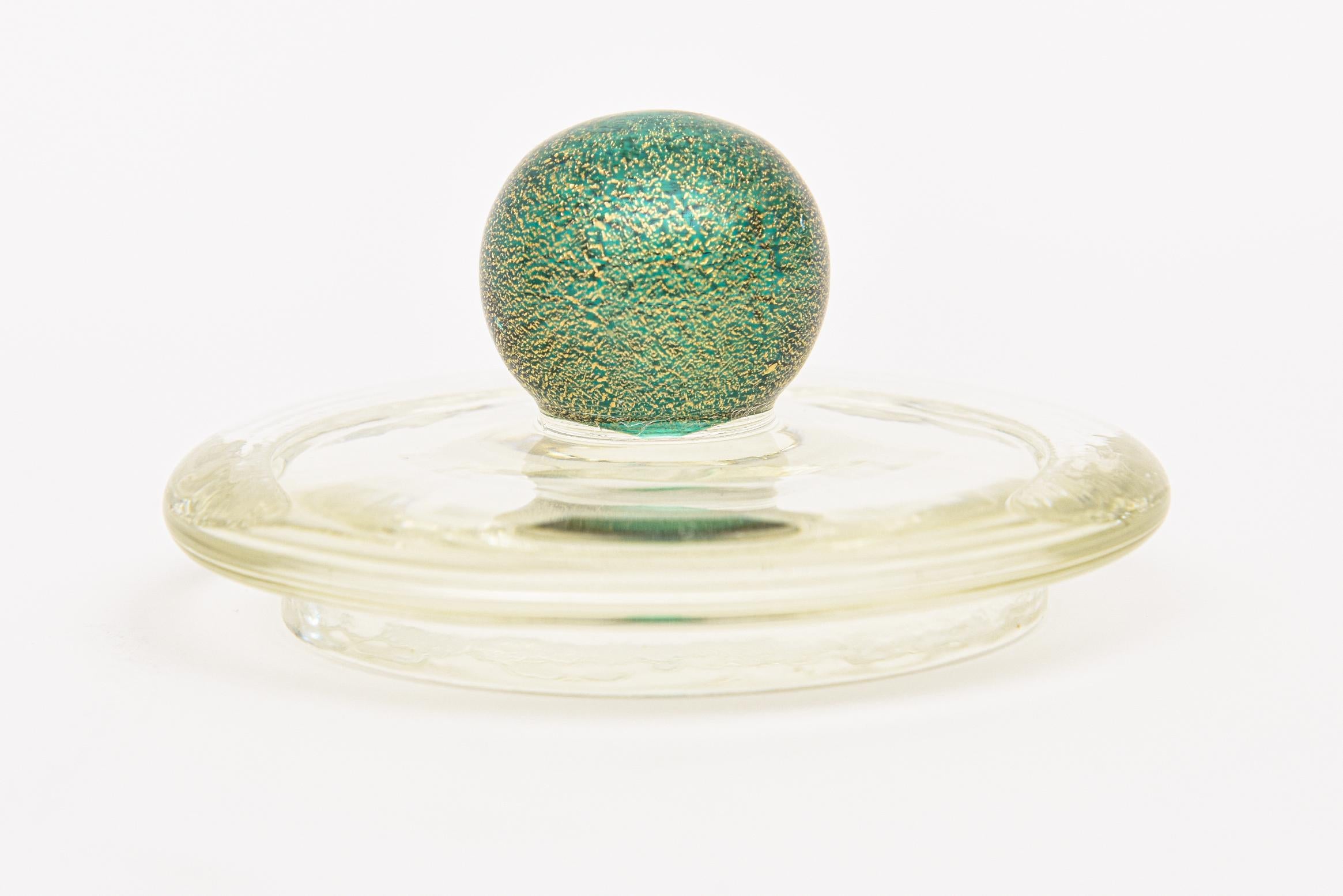 Vintage Murano Barovier &Toso Sea Green Blue Emerald Green Gold Round Glass Box  1