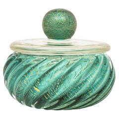Vintage Murano Barovier &Toso Sea Green Blue Emerald Green Gold Round Glass Box 