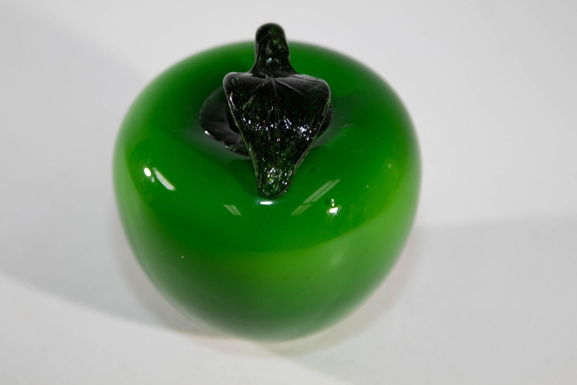 Art Glass Vintage Murano Blown Glass Bright Green Apple Paperweight 1980s For Sale
