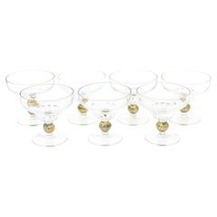 Murano Blown Glass Desert Coupes or Goblets with Gold Aventurine Set 7 Vintage