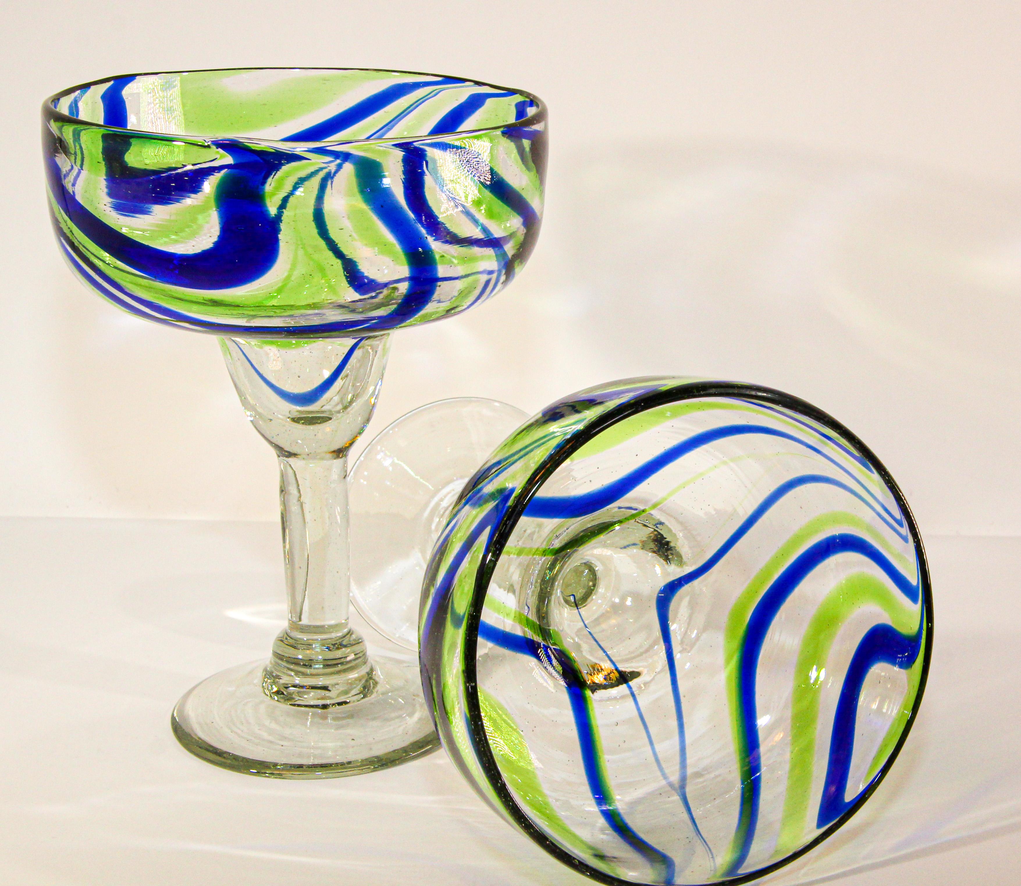 Hand-Crafted Vintage Murano Blue and Green Martini Glasses Set of 2