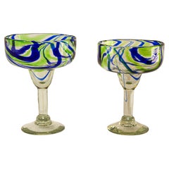 Vintage Murano Blue and Green Martini Glasses Set of 2