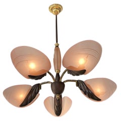Vintage Murano Blush Glass and Antique Bronze 5 Light Chandelier