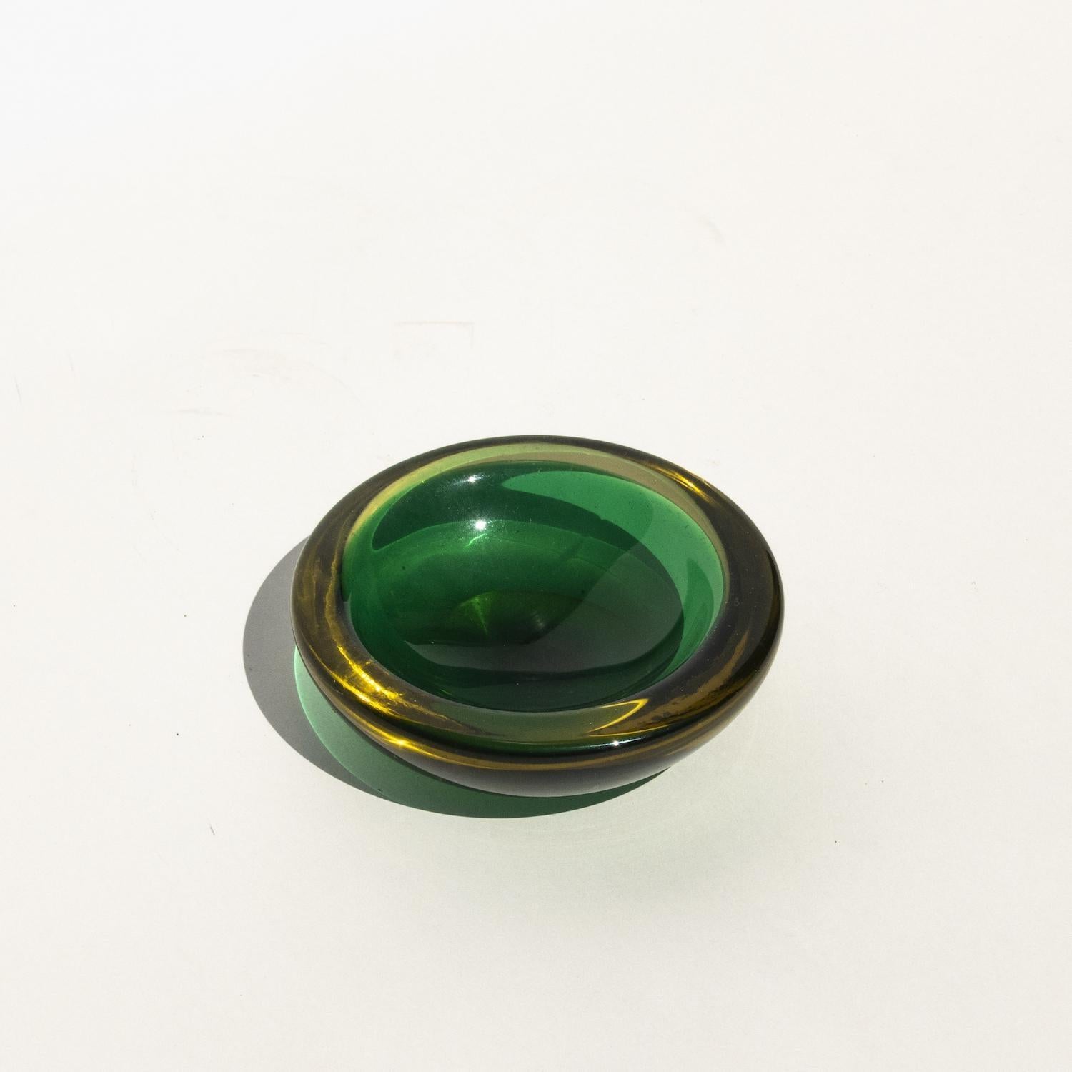 Mid-Century Modern Vintage Murano Bowl, Emerald Green and Yellow For Sale