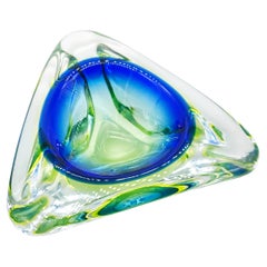 Vintage Murano Bowl in Blue Yellow & Green , Triangular Sculptural Glass 1970's