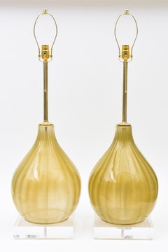 Vintage Murano Bulbous Green Yellow and Gold Aventurine Large Table Lamps, 50's