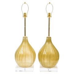 Vintage Murano Bulbous Green Yellow and Gold Aventurine Large Table Lamps, 50's