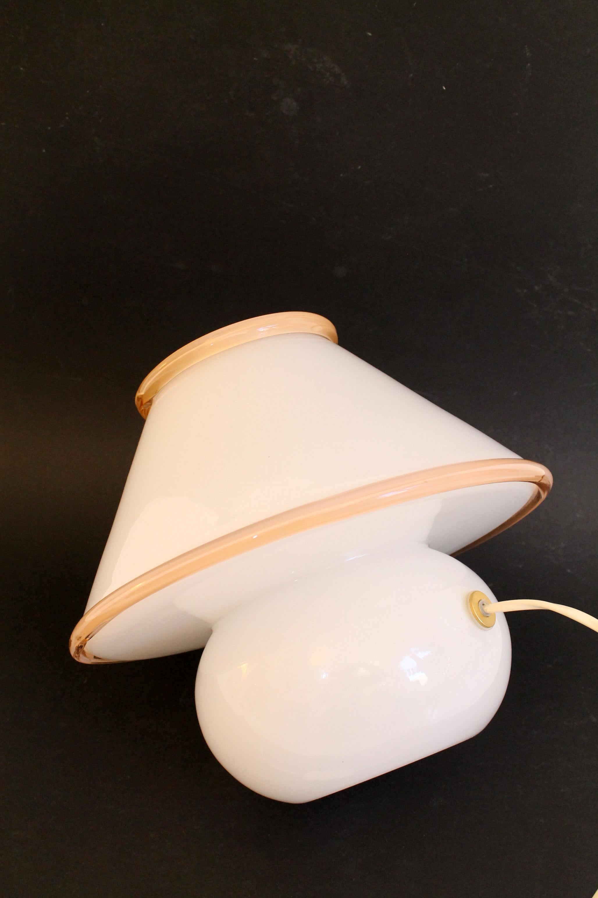 Hand-Crafted Vintage Murano by Leucos. White + Pink Accents Mushroom Desk Lamp