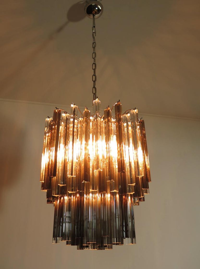 Mid-Century Modern Vintage Murano Chandelier, 107 Prism Triedri, Trasparent and Smoked For Sale