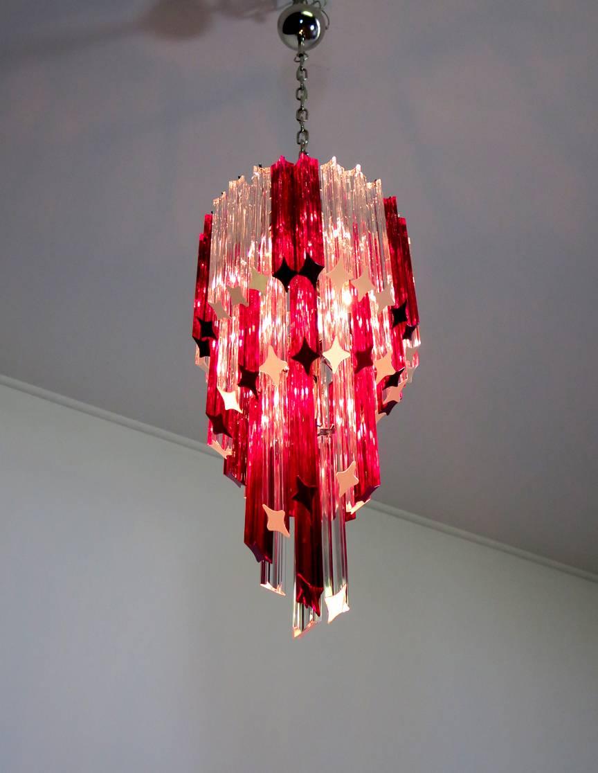 Vintage Murano Chandelier, 54 Quadriedri Ruby Red and Transparent Prism For Sale 3